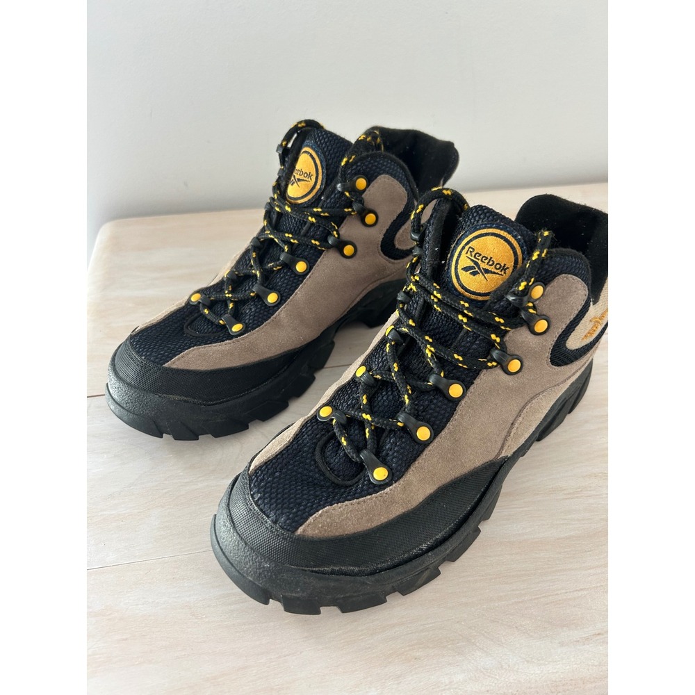 Reebok Hiking Boots Suede Mesh Tan Black Yellow PB0068 Women's 7.5 Men's 6